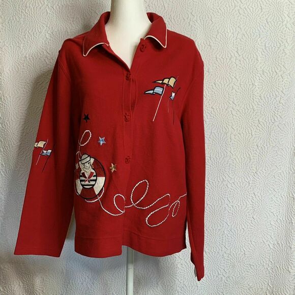 Vtg Onque casuals embroidered Red Sailor Themed Print Button Up collared sz XL - Picture 2 of 8